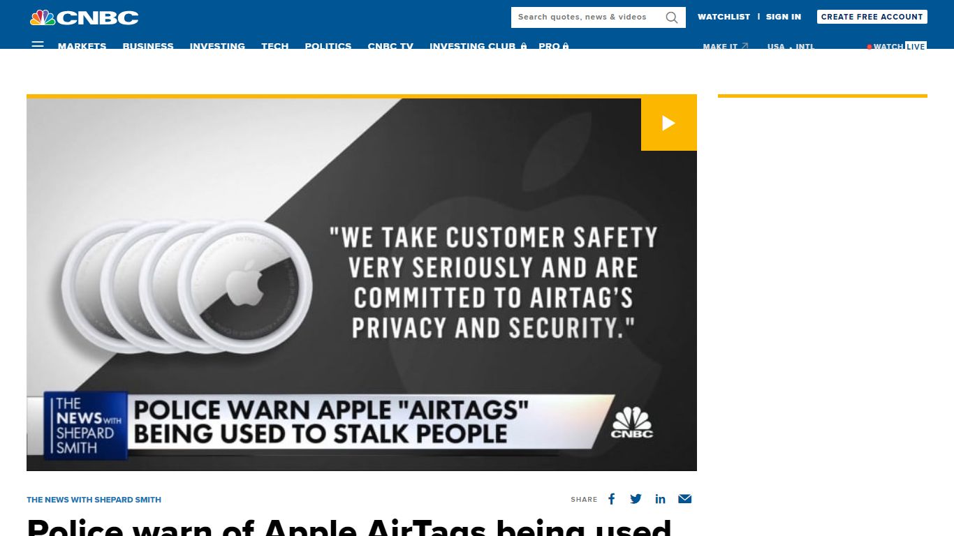 Police warn of Apple AirTags being used to stalk people - CNBC